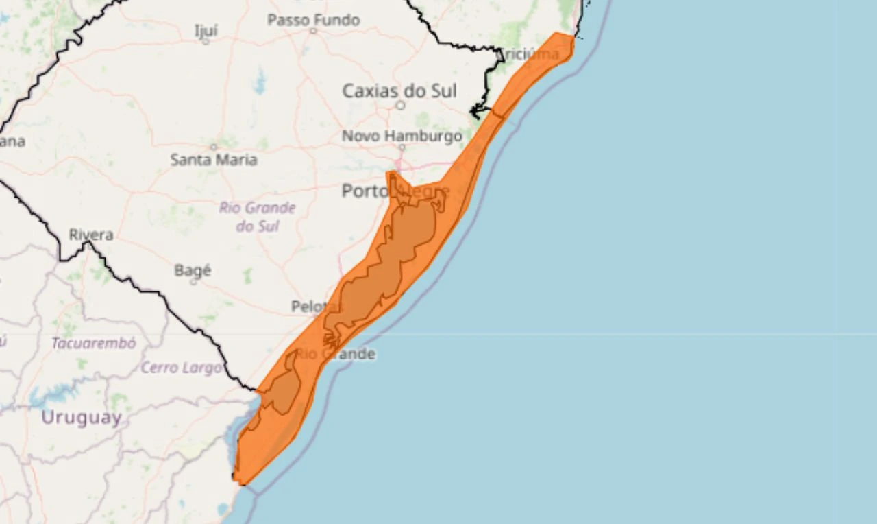 O mapa mostra as &aacute;reas em alerta para ventos intensos